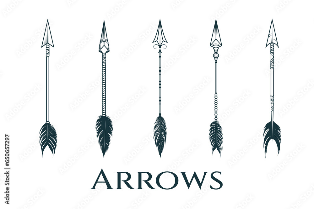 Ethnic arrows with feathers isolated set. Design elements in boho style