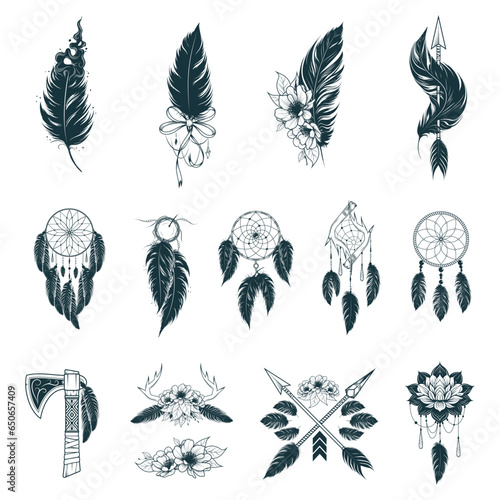 Feathers fantasia set in boho style. 14 ethnic design elements isolated on white background. Vector illustration for tattoo, print and t-shirts.