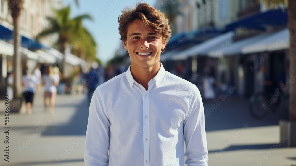 Fototapeta premium Portrait of young smiling handsome man with white cloth, Plaza shopping district background.