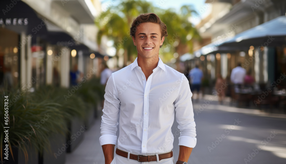 Fototapeta premium Portrait of young smiling handsome man with white cloth, Plaza shopping district background.