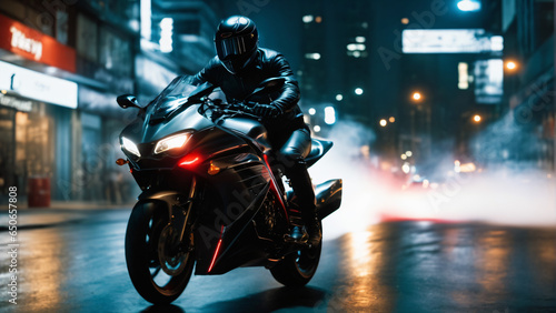 Fast sport motorcycle at night with long exposure light trails. Extremely detailed and realistic high resolution concept design illustration © RobinsonIcious
