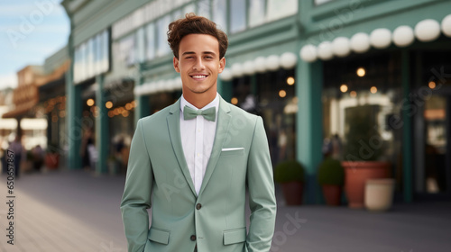 Wallpaper Mural Portrait of young smiling handsome man with solid color cloth, Plaza shopping district background. Torontodigital.ca