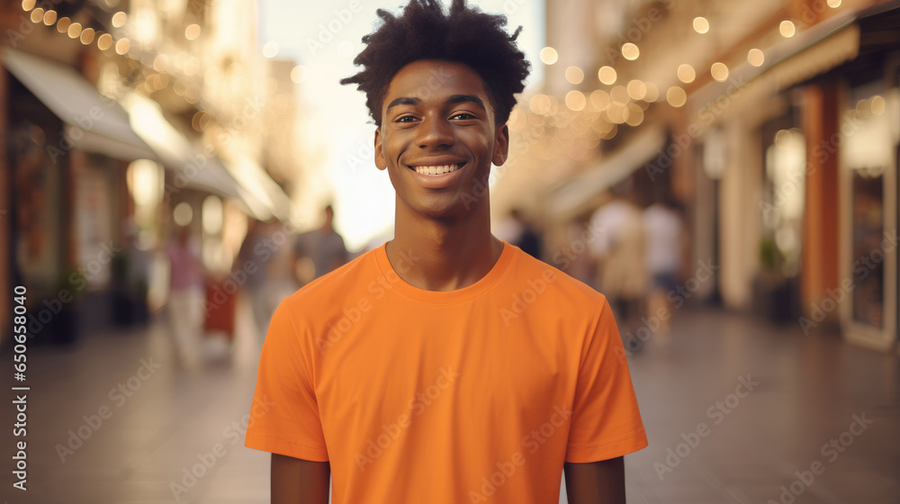 Portrait of young fashion smiling African American man with solid color cloth, Plaza shopping district background. - obrazy, fototapety, plakaty 