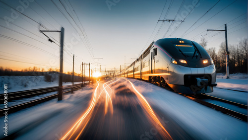 Fast train with long exposure light trails and sunset in background. Extremely detailed and realistic concept design image