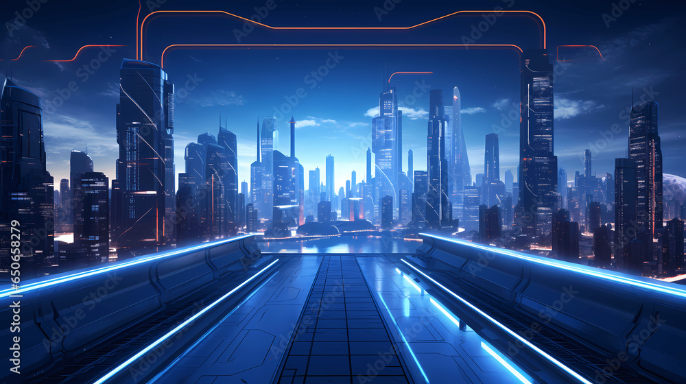 Fototapeta premium Horizon display for futuristic environment for buildings and architecture, cyber punk style design, night time with neon lights. Generative Ai