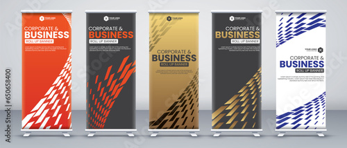 Corporate business conference roll up banner designs for x stand with luxury and eye catchy orange, black, gold and white colors with modern abstract shapes