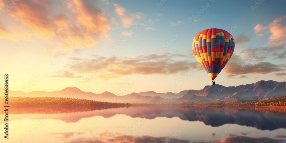 AI Generated. AI Generative. Hot air balloon scenic view at nature outdoor beautiful sand mountain river landscape. Graphic Art