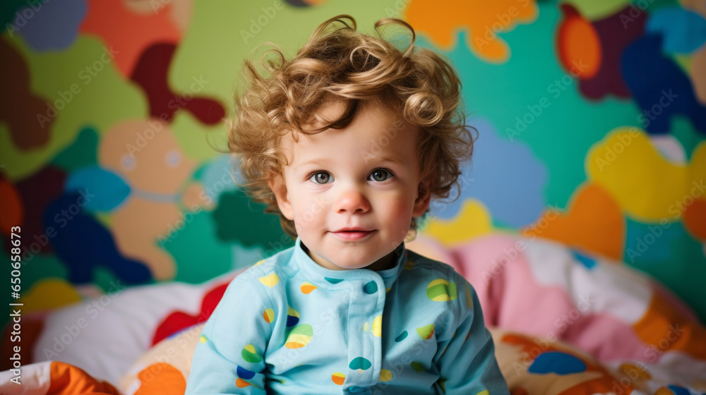 Portrait of a toddler boy posing against a colorful wall at kindergarten or preschool
