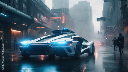 Futuristic scifi police car in future city. Highly detailed and realistic concept design illustration