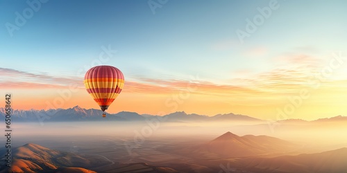 AI Generated. AI Generative. Hot air balloon scenic view at nature outdoor beautiful sand mountain river landscape. Graphic Art