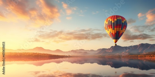 AI Generated. AI Generative. Hot air balloon scenic view at nature outdoor beautiful sand mountain river landscape. Graphic Art © AkimD