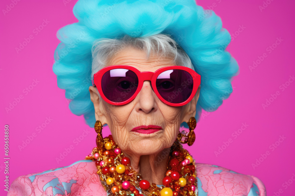 Sassy Senior: Closeup of an Elderly Woman with Sunglasses, Radiating Cool Vibes and Timeless Charm Sassy Senior: Closeup of an Elderly Woman with Sunglasses, Radiating Cool Vibes and Timeless Charm