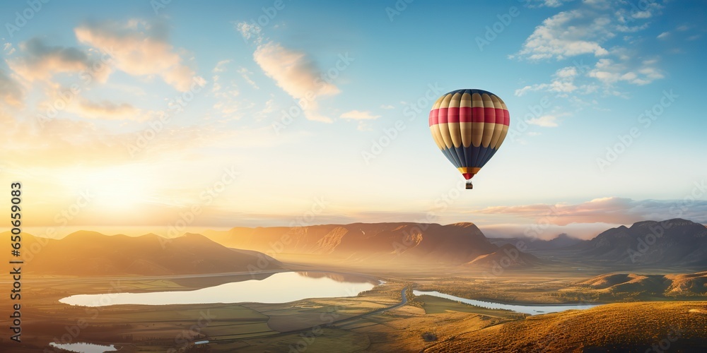 AI Generated. AI Generative. Hot air balloon scenic view at nature outdoor beautiful sand mountain river landscape. Adventure vacation air drone view background inspiration