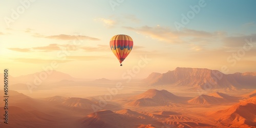 AI Generated. AI Generative. Hot air balloon scenic view at nature outdoor beautiful sand mountain river landscape. Adventure vacation air drone view background inspiration
