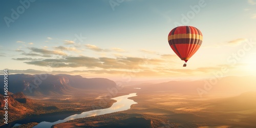 AI Generated. AI Generative. Hot air balloon scenic view at nature outdoor beautiful sand mountain river landscape. Adventure vacation air drone view background inspiration © Graphic Warrior