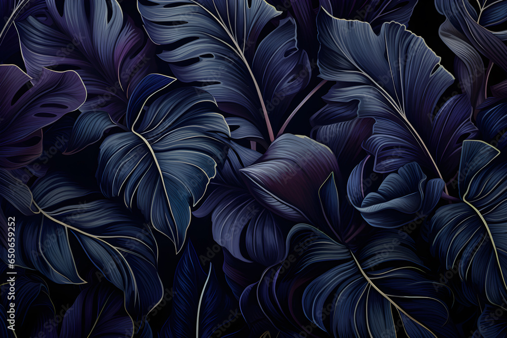 Tropical leaves monstera. Black and blue background. Realistic vector illustration, Ai Generated