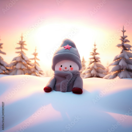Russian soft toy Vatnik. Funny Soviet character in gray coat, gray hat with a red star. Russian minion. Cute plush image about childhood in the USSR. Harsh severe winter in Russia Siberia
