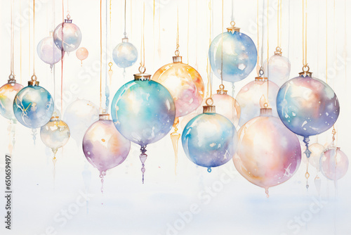 Fine pastel Watercolor Christmas Card Art of hanging transparent Christmas Baubles, made with Generative AI (Midjourney)