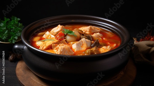 Delectable photo of a bowl of spicy kimchi stew garnished with tofu and scallions in a Korean family setting photo