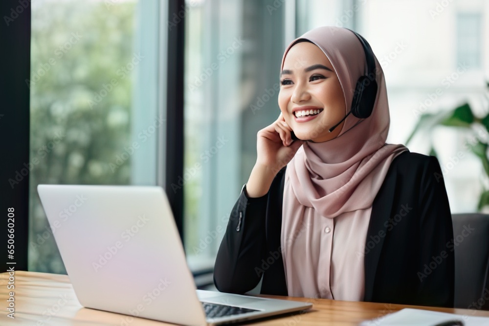 Professional Woman Wearing Hijab Seated at Cozy Home Office Desk with Laptop Professional Woman Wearing Hijab Seated at Cozy Home Office Desk with Laptop
