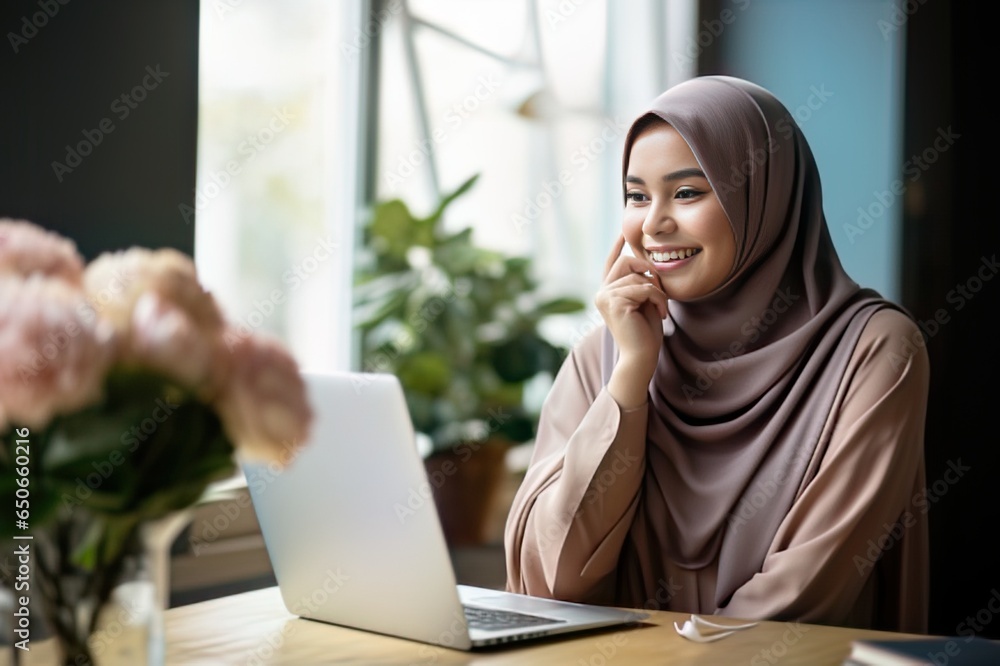 Muslim woman in hijab working comfortably from her home office with a laptop, remote job concept Muslim woman in hijab working comfortably from her home office with a laptop, remote job concept