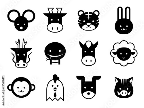 シンプルな動物の顔のアイコン　セット（干支）