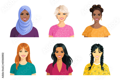 Portraits of women of different races, nationalities, ethnicities, skin colors, hairstyles. Avatars of girls of African, Asian, Arab, European appearance. Smiling beautiful women. Isolated vector.