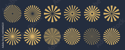 Vintage sunburst collection. Bursting sun rays. Fireworks starburst logotype. Radial sunset beams. Sunburst vector rays set.