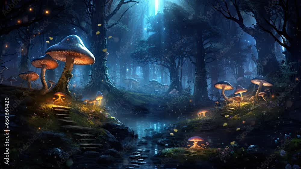 fantasy nature landscape with mushroom and butterfly animated background in Japanese anime watercolor painting illustration style. seamless looping video animated background