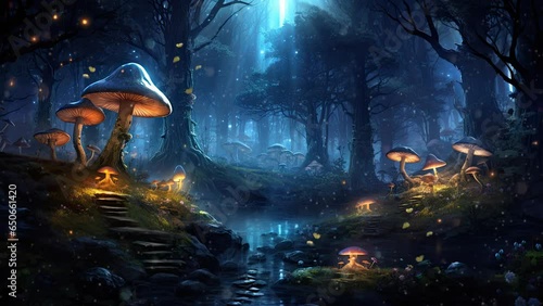 fantasy nature landscape with mushroom and butterfly animated background in Japanese anime watercolor painting illustration style. seamless looping video animated background photo