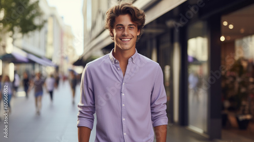Portrait of young smiling handsome man with solid color cloth, Plaza shopping district background. © hakule