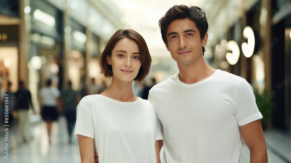 Young fashion smiling travelers couple with white T-shirt, Plaza shopping district background. Young fashion smiling travelers couple with white T-shirt, Plaza shopping district background.