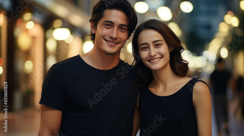 Young fashion smiling travelers couple with black T-shirt, Plaza shopping district background. © hakule