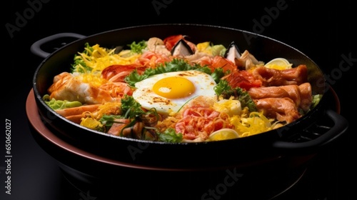 Donburi, showcasing the colorful mingle of seafood, egg, and vegetables on a black backdrop