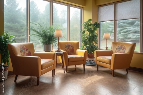 Warm Welcoming Cozy Waiting Room with Comfortable Chairs and Lush Greenery