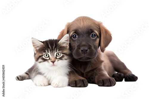 Cute small kitten and puppy on a white background studio shot PNG
