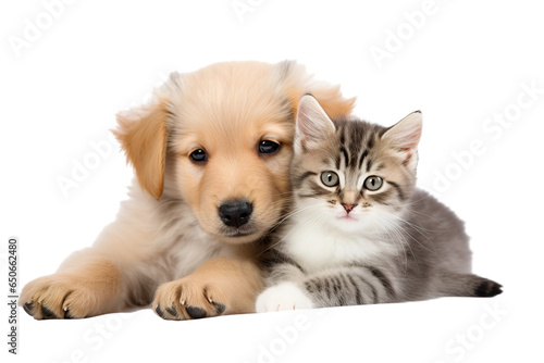 Cute small kitten and puppy on a white background studio shot PNG