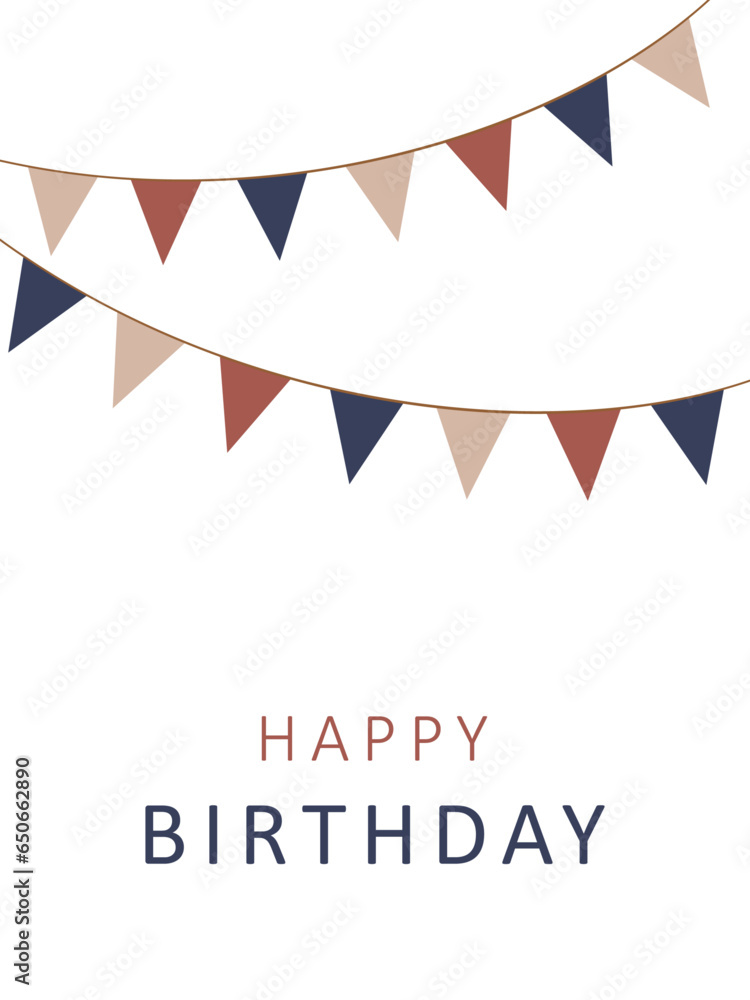 Birthday party flags on white background, card