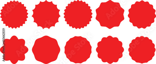 Red starburst sticker set. Price sticker, sale sticker, price tag, starburst, quality mark, retro silhouette. Sunburst retro sale badge, quality signs, sale icons. Vector illustration star blank label