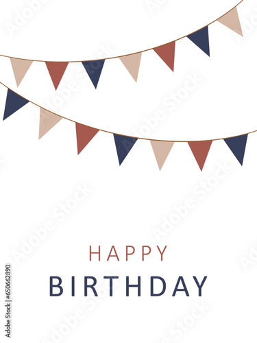 Birthday party flags on white background, card