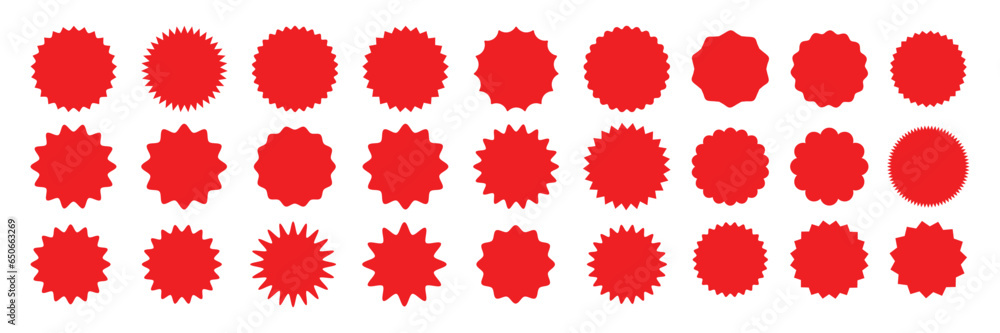 Set of red starburst. Price sticker, sale sticker, price tag, starburst, quality mark, retro stars, sale or discount sticker, sunburst badges, sun ray frames, promotional badge set, shopping labels Set of red starburst. Price sticker, sale sticker, price tag, starburst, quality mark, retro stars, sale or discount sticker, sunburst badges, sun ray frames, promotional badge set, shopping labels