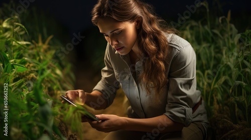 Checking the yield of grain crops. A woman conducts field experiments.