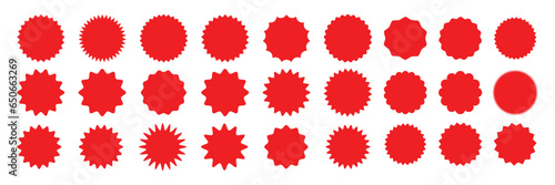 Set of red starburst. Price sticker, sale sticker, price tag, starburst, quality mark, retro stars, sale or discount sticker, sunburst badges, sun ray frames, promotional badge set, shopping labels