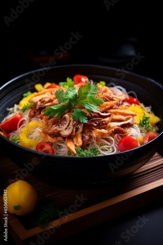 Yakisoba with a pair of wooden chopsticks resting on the edge of a black bowl