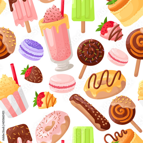 Seamless pattern of cartoon sweets. Background with donut, ice cream, candies, cupcakes, cookies and candy on stick. Vector isolated illustration