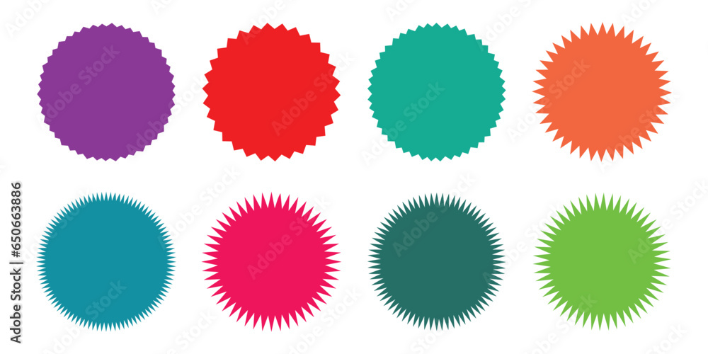 Set of vector starburst, sunburst badges. Starburst sale sticker. Colored stickers. Sunburst price tags, colors silhouettes on white background Set of vector starburst, sunburst badges. Starburst sale sticker. Colored stickers. Sunburst price tags, colors silhouettes on white background