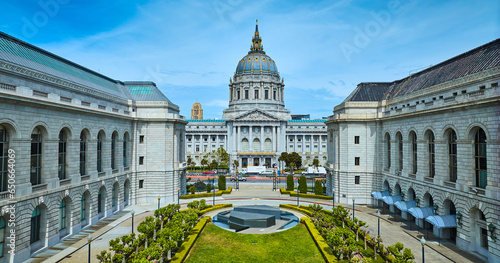 Photography Aerial memorial view inside memorial court with city hall behind it on sunny day