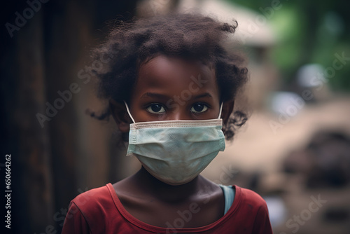 Portrait of an African child wearing a dirty surgical mask during the Nipah virus outbreak. photo
