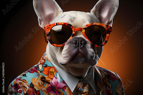 Stylish French Bulldog Posing in Fashionable Attire Jacket, Tie, Glasses  a Supermodel of the Canine World, with Space for Text on the Right © Benasi Tharanga