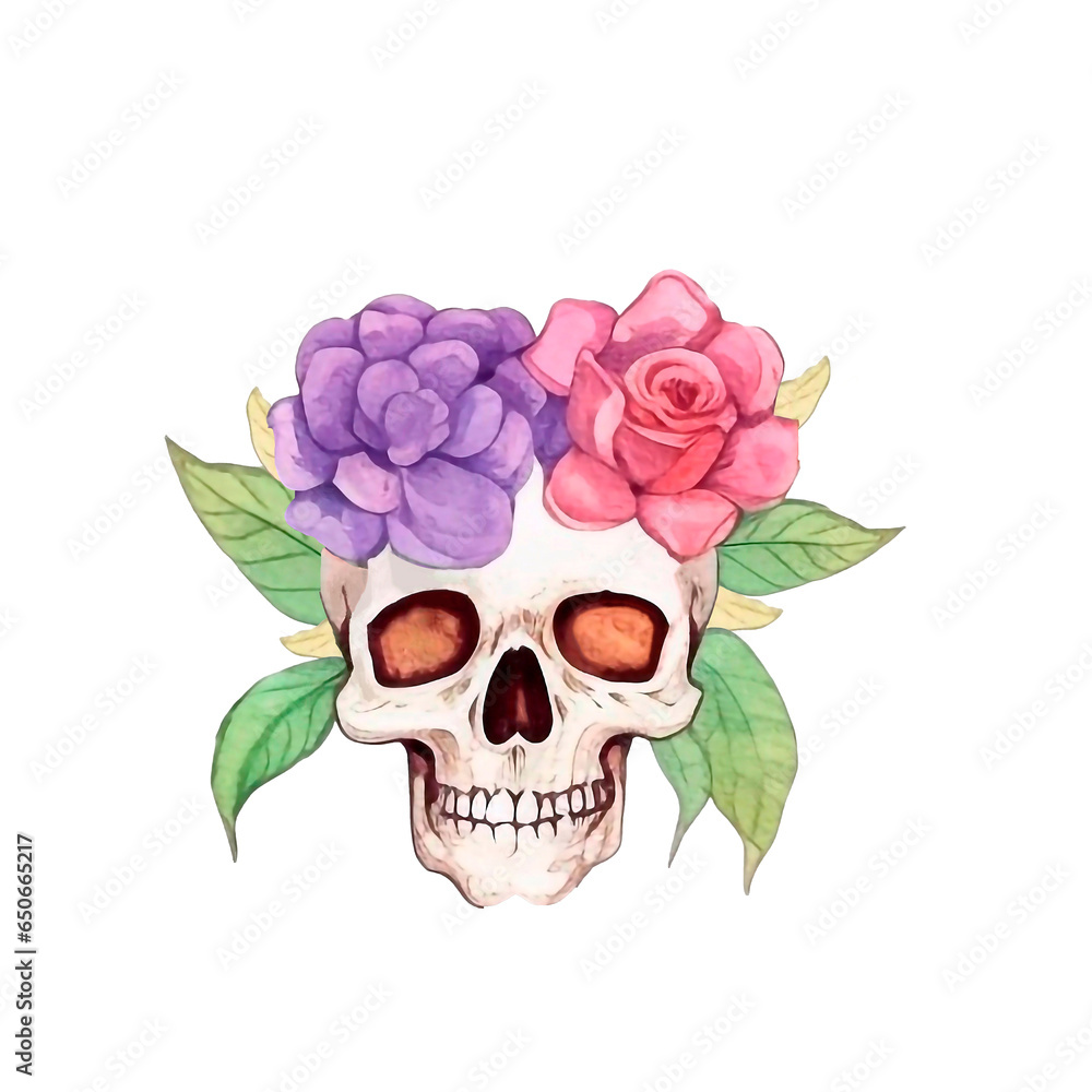 Watercolor skull with spring purple and pink flowers Watercolor skull with spring purple and pink flowers